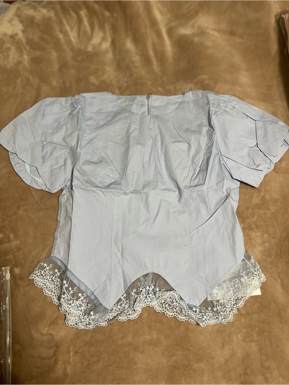 Light Blue Lace-Hem Puff Sleeve Women's Top